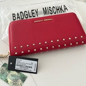 Badgley Mischka Long Veagan Leatherr Gold Studded Zippered Wallet Red